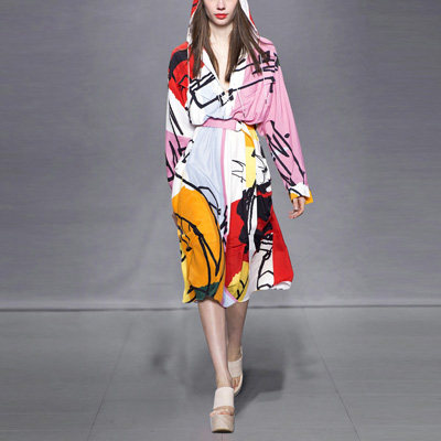 秋季时尚气质休闲宽松长裙印花显瘦中长款连衣裙女装秋装2017新款