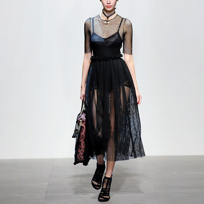 2017秋装新款潮流女装时尚收腰气质镂空渔网褶皱大摆裙名媛连衣裙
