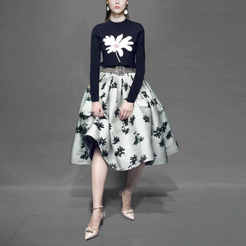 2017秋装新款女装时尚气质名媛两件套长袖上衣印花半身裙套装秋季