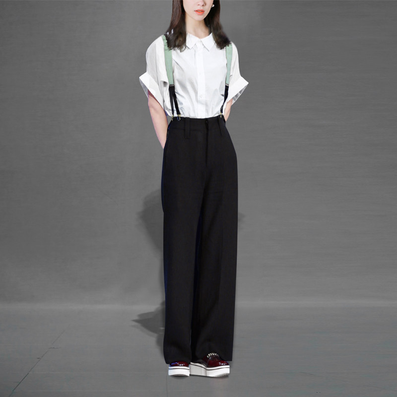 DF秋季时尚气质休闲两件套衬衫背带裤阔腿裤套装女装秋装2017新款