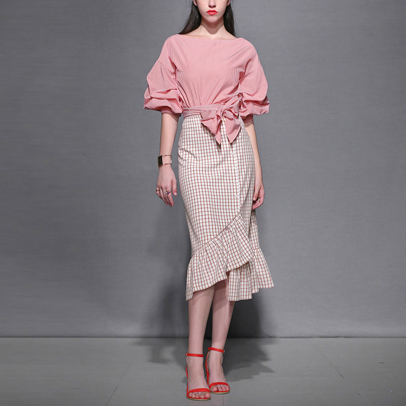 秋季时尚气质名媛两件套宽松短袖上衣包臀裙套装女装秋装2017新款