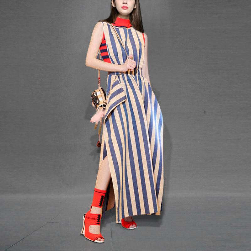 夏季时尚气质休闲长裙条纹印花显瘦中长款连衣裙女装夏装2017新款