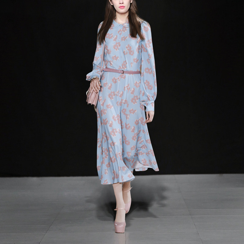 秋季气质名媛印花宽松长裙显瘦长袖中长款连衣裙女装秋装2017新款