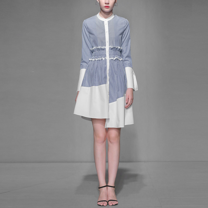 秋季时尚气质名媛裙子长袖显瘦中长款衬衫连衣裙女装秋装2017新款