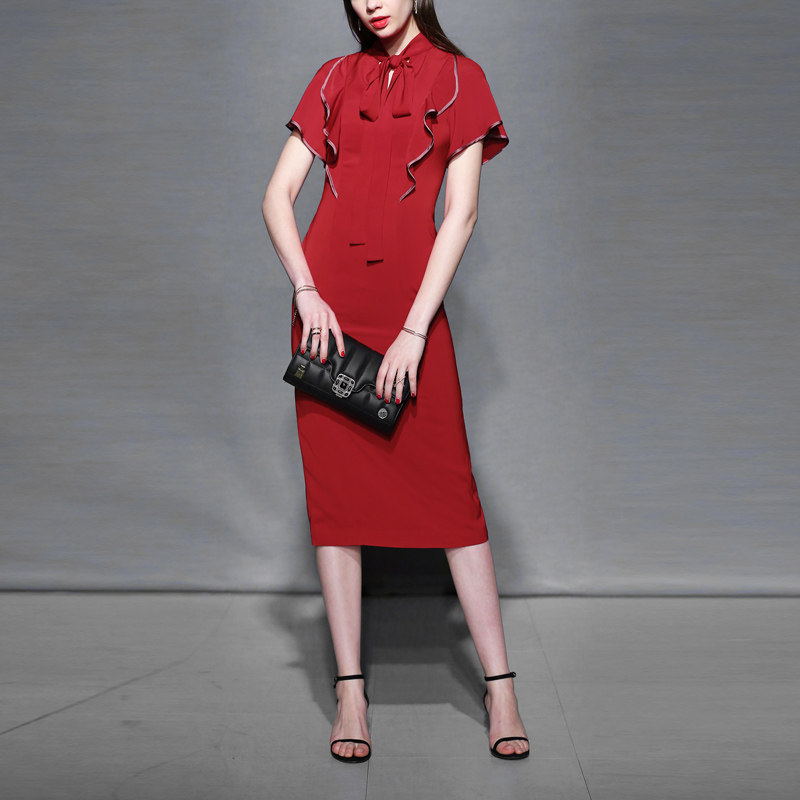 夏季名媛复古包臀裙长裙修身显瘦中长款连衣裙女2017夏装新款女装