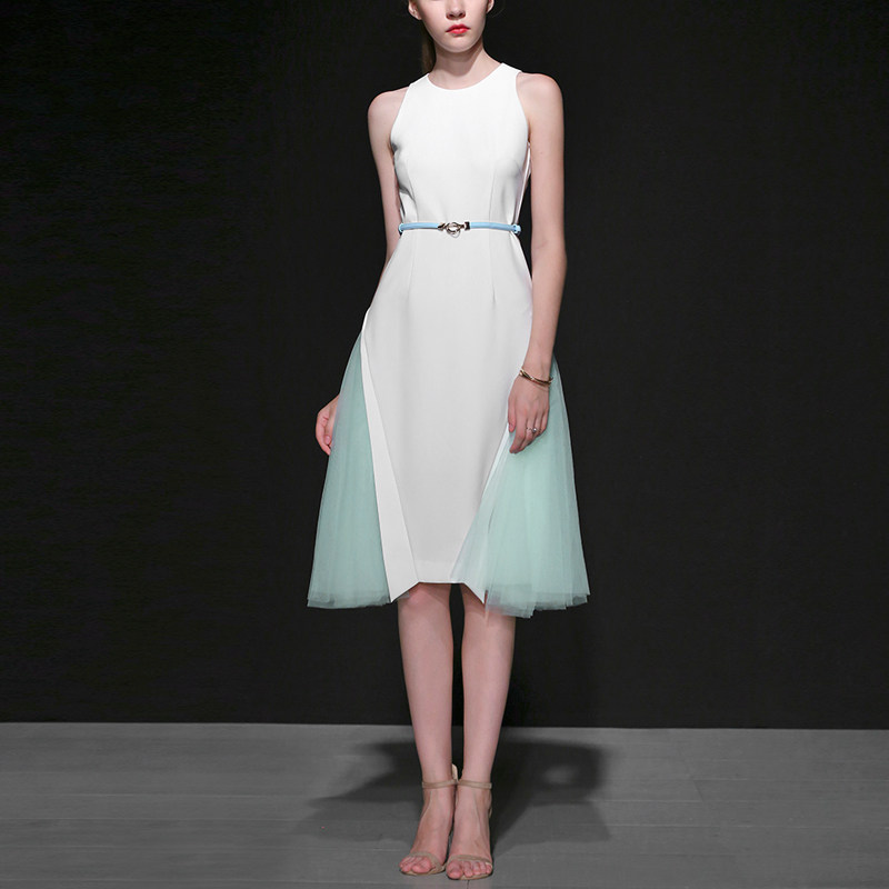 夏季时尚气质名媛撞色长裙收腰显瘦中长款连衣裙女装夏装2017新款