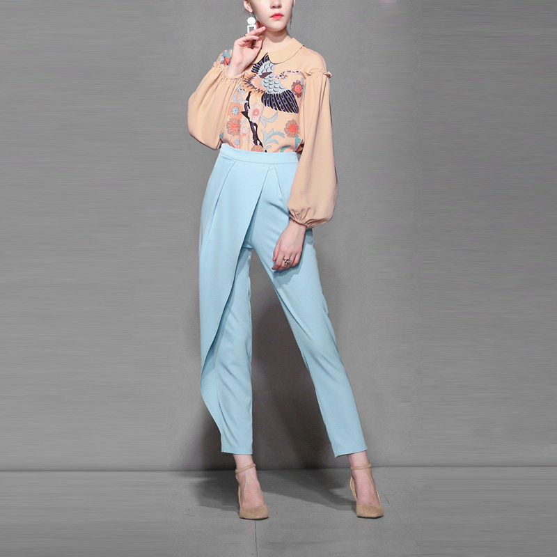 秋季时尚气质名媛休闲两件套印花上衣九分裤套装女装秋装2017新款