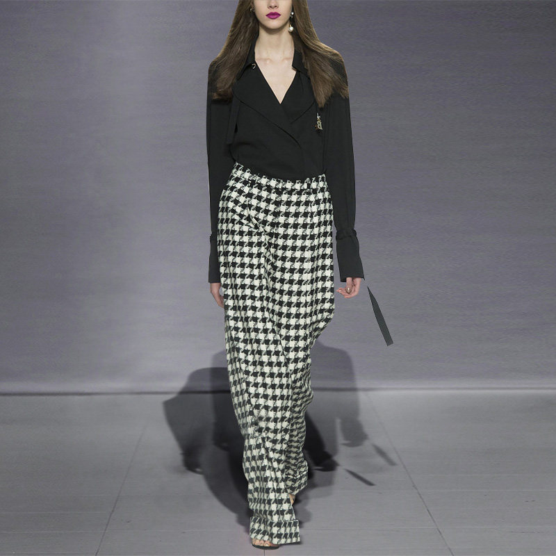 2017秋装新款女装 欧美时尚气质上衣衬衫 高腰阔腿裤两件套套装潮