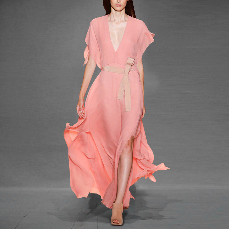 达菲时尚 2017夏装新款 欧美优雅度假风俏皮粉色开叉大摆连衣长裙