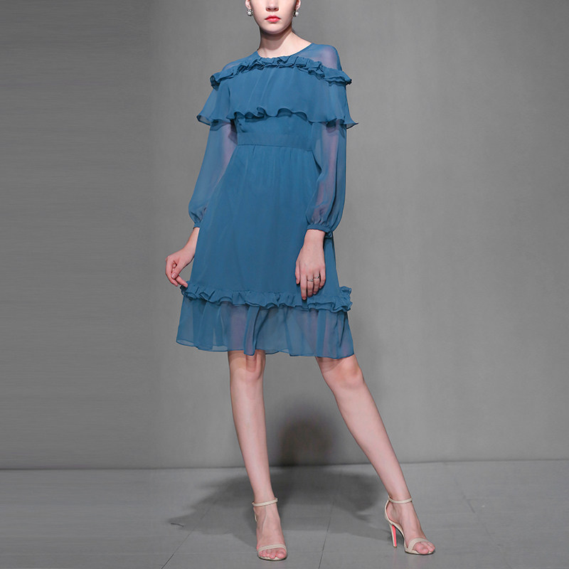 秋季气质名媛蕾丝裙子长袖显瘦中长款雪纺连衣裙女装秋装2017新款