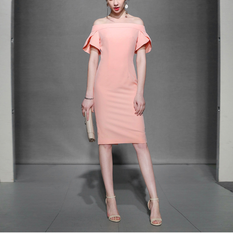 夏季气质名媛修身长裙露肩短袖中长款显瘦连衣裙2017夏装新款女装