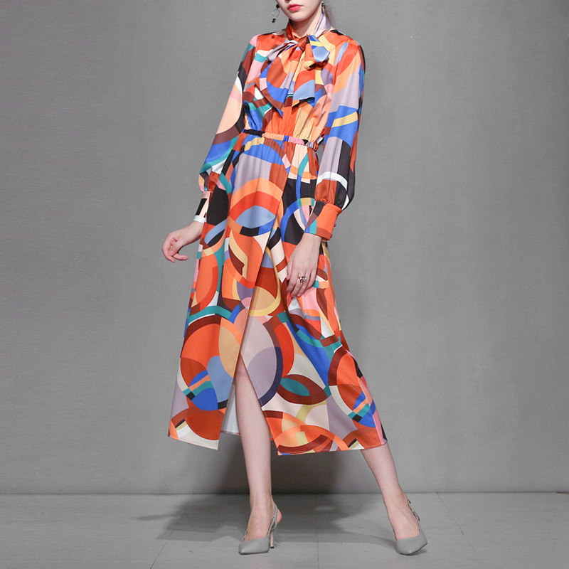 秋季时尚气质名媛印花长裙显瘦中长款长袖连衣裙女装秋装2017新款