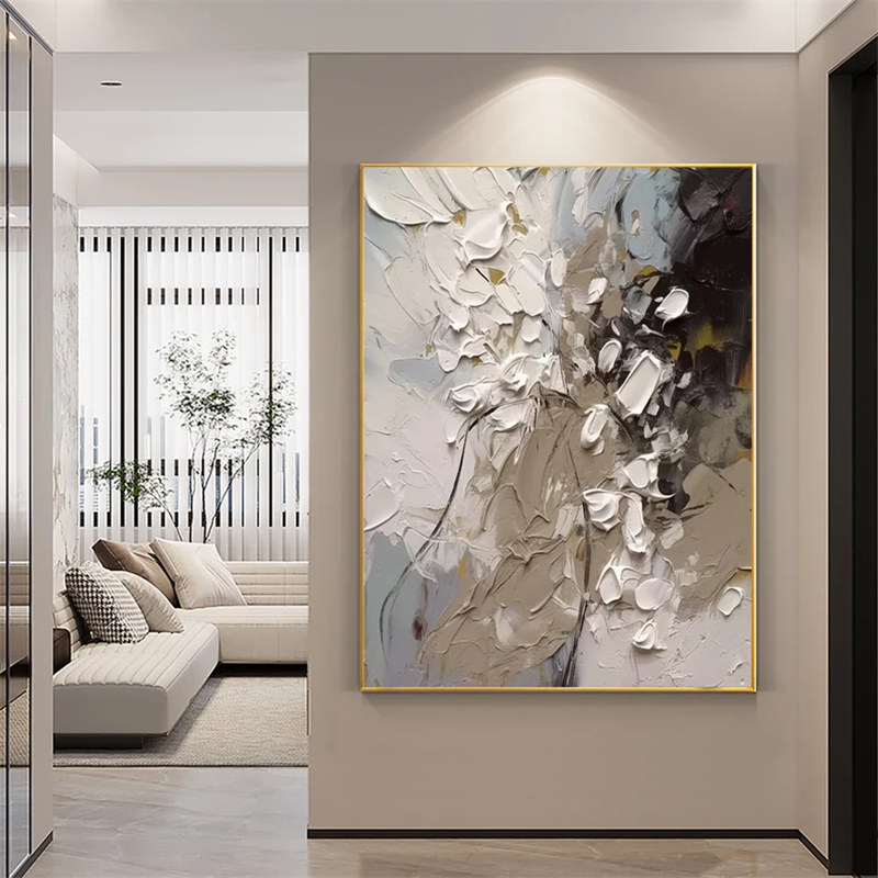 纯手绘油画玄关过道挂画客厅走廊背景墙装饰画现代黑白抽象肌理画