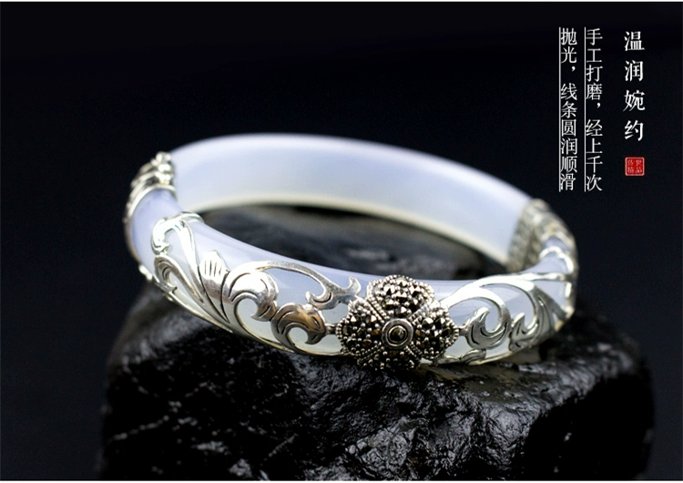 Vòng tay ngọc bích với 925 sterling bạc tự nhiên chalcedony mã não ngọc bích trẻ em trang sức bạc gửi mẹ sinh nhật vòng tay