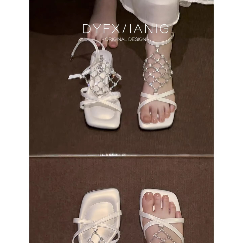 2026 New Style Rhinestone High-Heeled Sandals with Square Toe and Chunky Heel, Trendy Metallic Color, Open-Toe Sandals for Women
