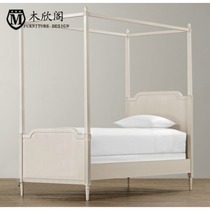 Pastoral style solid wood four-column bed curtain frame bed French retro old single bed oak furniture