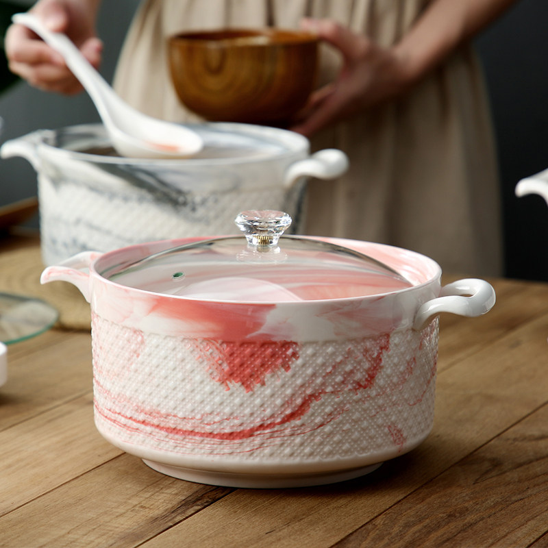 Creative marble pattern ceramic soup bowl double ear with lid relief soup nest can be microwaved household large bowl