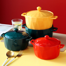 Double ear with cover diamond surface bowl big number pull noodles bowl ceramic large bowl soup bowl Home Noodle Bowl Individuality Big broth