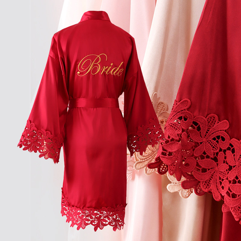 Bride-maid dressing gown Superior French bride unique mate handceremony red pajamas lace thin dressing gown