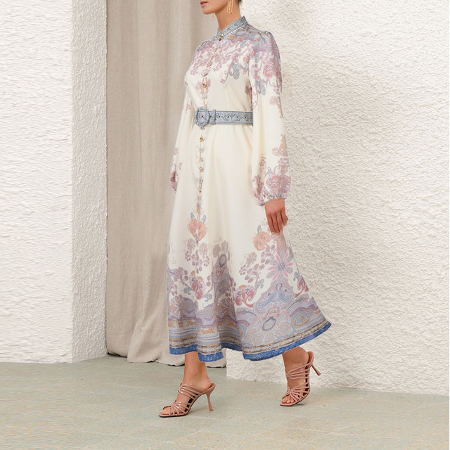 2024 spot Australian retro cotton and linen small turtleneck belt waist super slim long-sleeved long dress