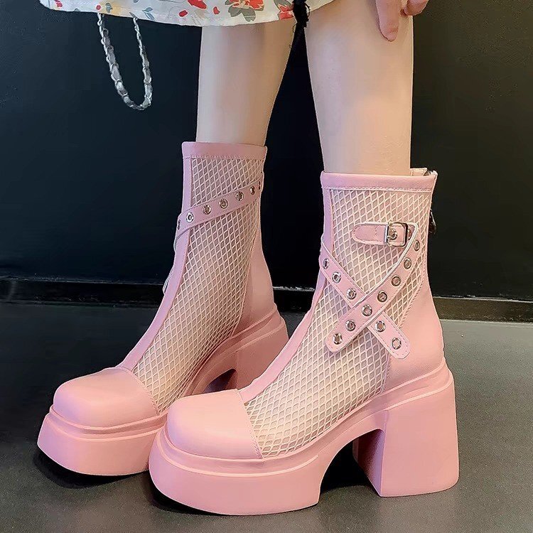 Pink Chunky Heel High-Heeled Mesh Breathable Sandals Women's British Martin Boots Soft Leather Thick-Soled Height-Increasing Single Boots for Petite Women