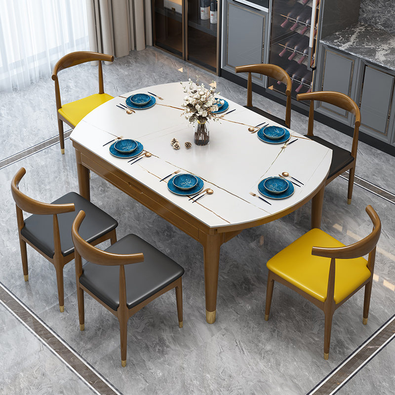 Light luxury rock board dining table simple modern dining room dining table small apartment retractable round full solid wood home dining table