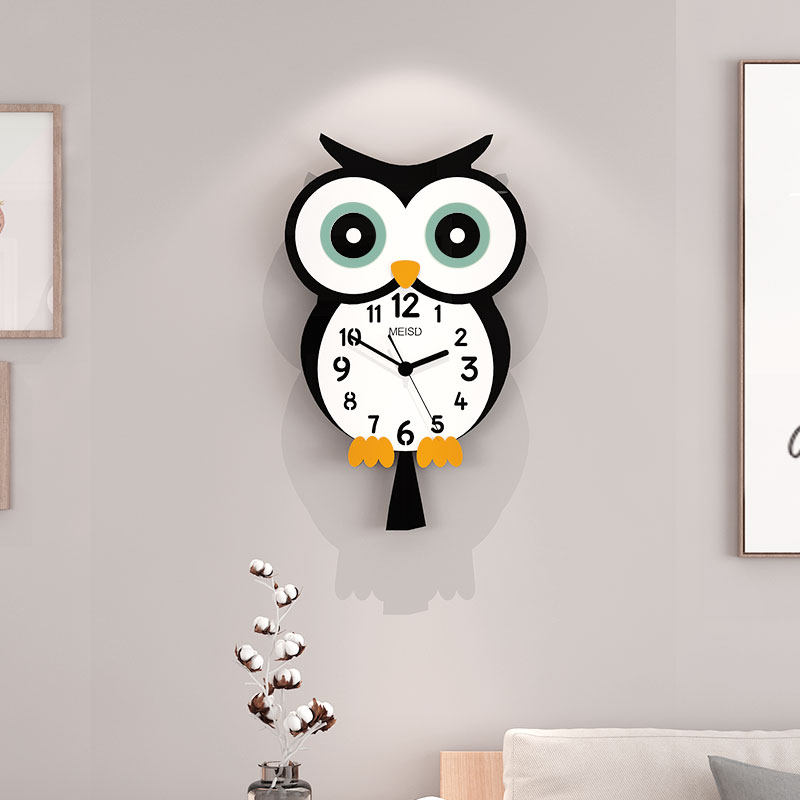 Owl creative cartoon cute hanging bell bedroom muted decoration rocking children's clock living room personality and watch