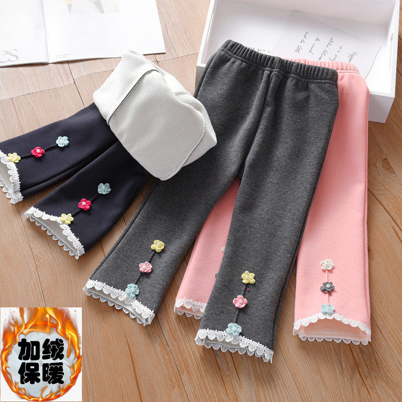 Girl's thin suede inner lap pants 2022 early spring integrated suede outside wearing micro-trumpet trousers Children's foreign send baby to fix their pants