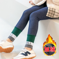 Girls bottom pants integrated with velvet new autumn and winter imitation denim children warm pure cotton long pants children baby outside wearing