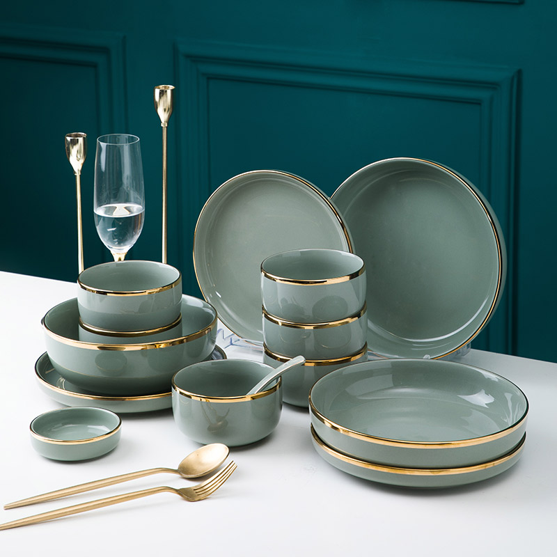 Bowl Dish Suit Home Nordic Light Lavish Mint Green Phnom Penh Cutlery Ceramic Bowl Tray Composition Net Red Glaze Lower Color Bowls Chopsticks