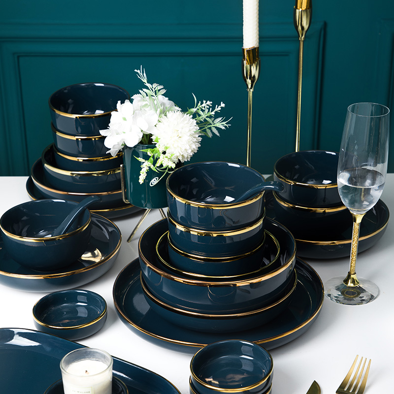 Yayixiu Nordic light luxury sapphire blue gold-rimmed bowls and dishes microwave oven special plate bowls household fish plate