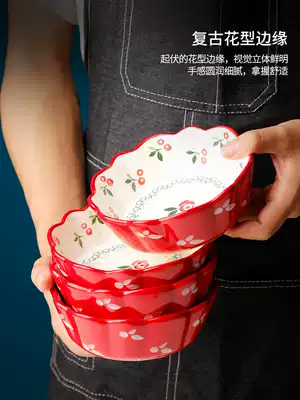 Japanese hand-painted cherry salad bowl cute ins dessert bowl Net red home creative personality ceramic noodle bowl tableware
