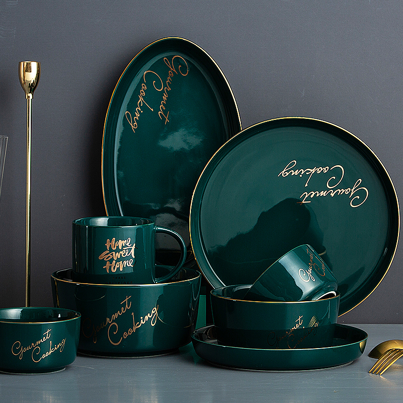 Bowl Single Nordic Light Lavish Dining Bowl Home Creative Personality Ink Green Bowl Tray Upscale Glazed Ceramic Cutlery