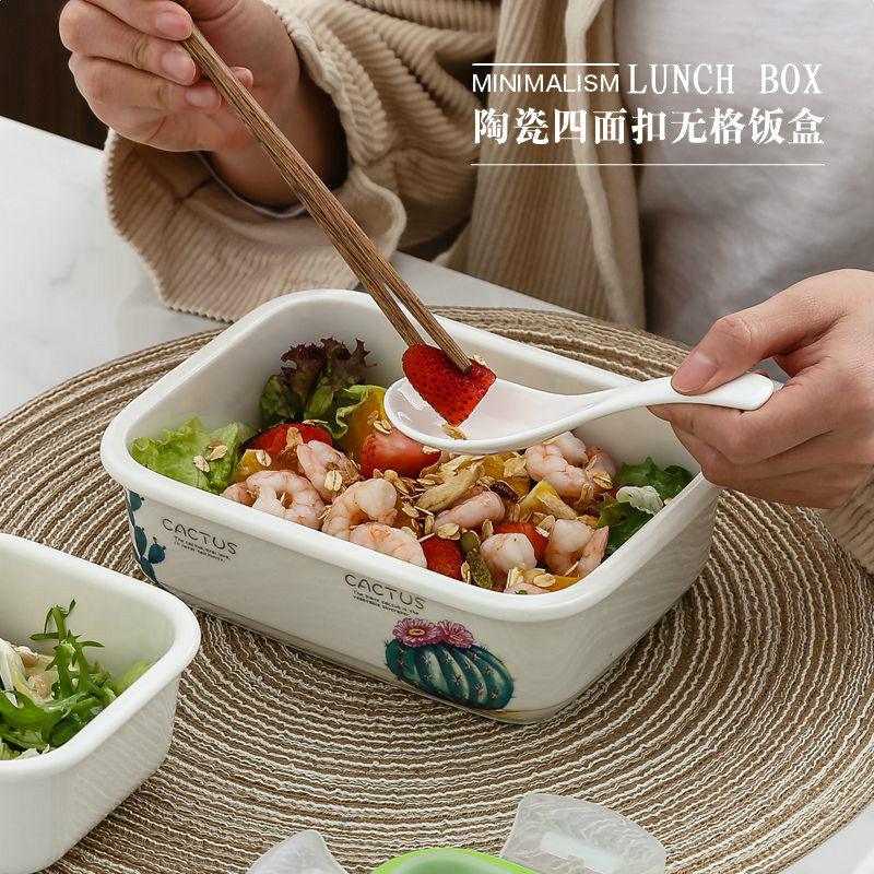 Ceramic unboxed lunch box lunch box microwave fruit bowl sealed with lid rectangular student office worker fresh-keeping box