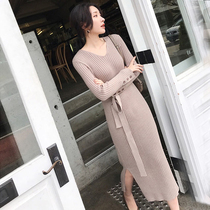  2021 autumn and winter clothes new small fragrant wind inner tie bottomed knitted dress female net red over-the-knee thickened sweater long skirt