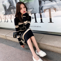  Autumn and winter hooded knitted dress with coat over-the-knee striped sweater bottomed long skirt winter lazy wind sweater skirt