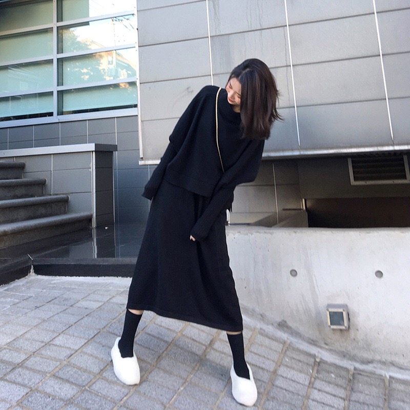 Lazy style knitted suit skirt 2022 new autumn and winter two-piece set women's thickened gloves long sweater dress