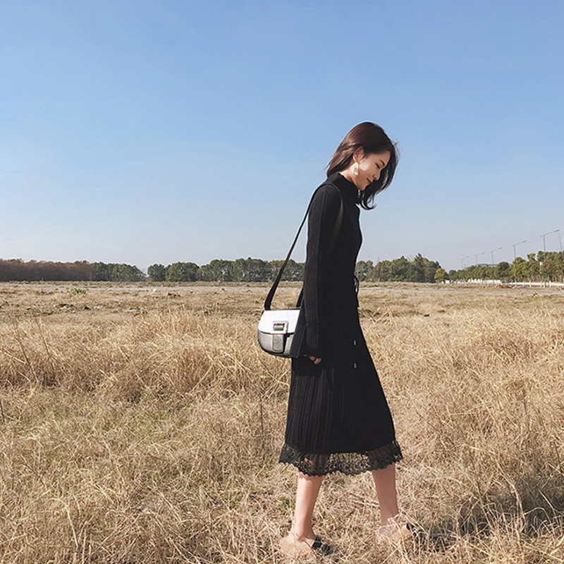 Long version sweaters with half-height collar bottom inner lap knit-fit large coat over knee retro cool and windy autumn and winter foreign dress