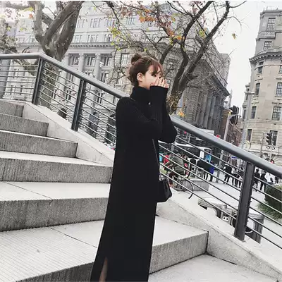 Lazy wind sweater women's 2021 new autumn and winter pullover loose high collar bottom over knee knitted dress