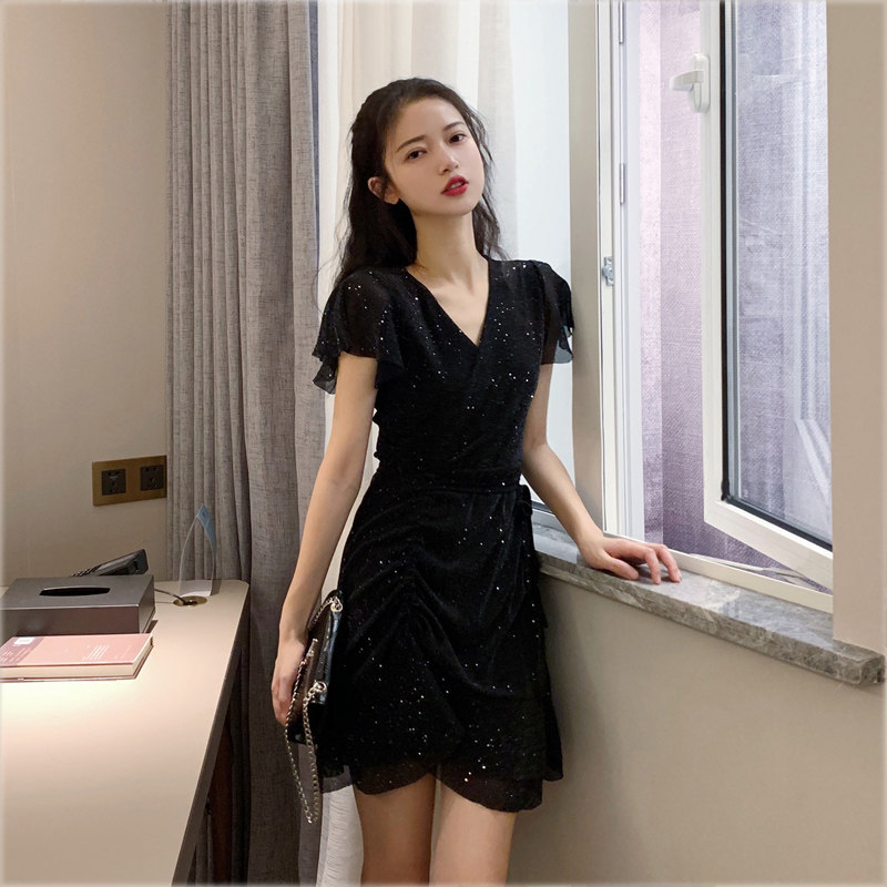 2022 Spring Summer New Nightclub Sexy Sequins Little Black Dress Goddess Fan Super Fairy 1 4 inches sleeves Wrench Sleeves Shorter subocean dress