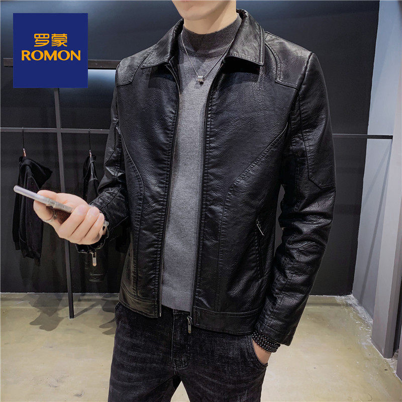 Romon Spring and Autumn Leather Men's Thin Jacket Plus Velvet Casual Motorcycle Pie Overcome Oil Wax Retro Leather Jacket Men