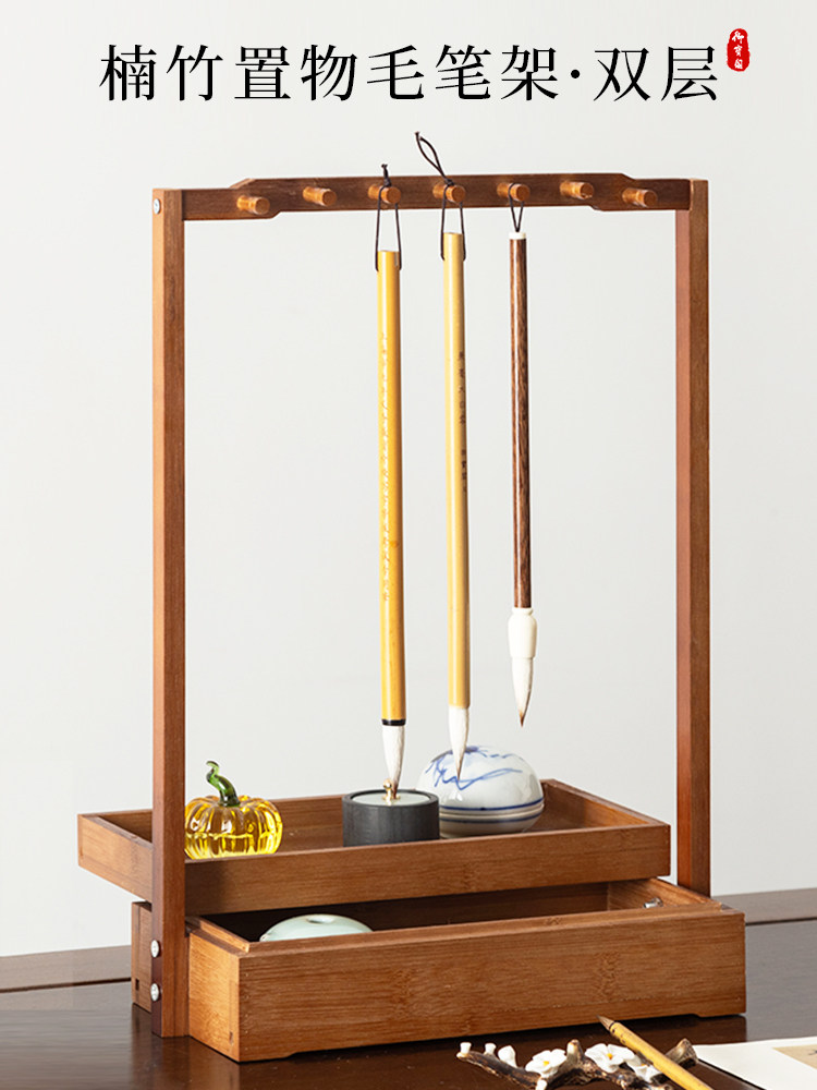 Royal Pavilion Pen Holder, Bamboo Pen Rack, Solid Wood Pen Hanger, New Chinese Style Multifunctional Pen Rack, Storage Organizer, Study Four Treasures Ornament, Calligraphy Storage Rack, Pen Holder Stand