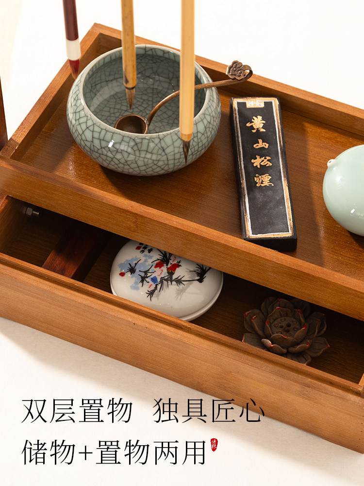 Royal Pavilion Pen Holder, Bamboo Pen Rack, Solid Wood Pen Hanger, New Chinese Style Multifunctional Pen Rack, Storage Organizer, Study Four Treasures Ornament, Calligraphy Storage Rack, Pen Holder Stand