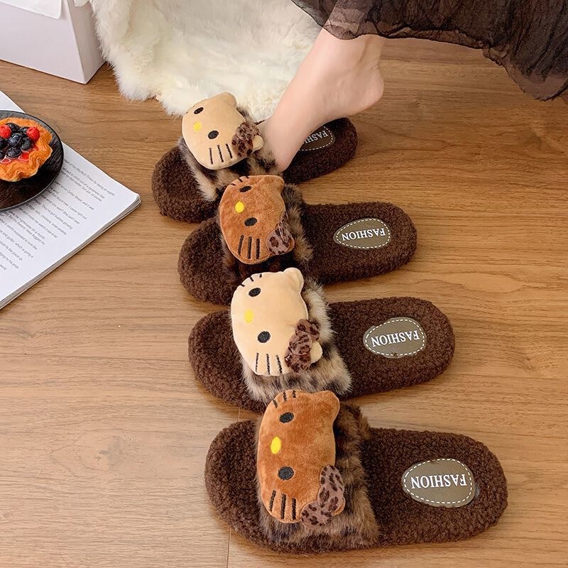 Autumn and Winter Cute Cartoon Cotton Slippers for Women, Non-Slip for Home Use, 2025 Trendy Leopard Print Furry Slippers for Women, Can Be Worn Outside