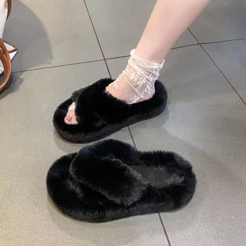 Thick-Soled Trendy Cross-Tied Furry Slippers for Women, Autumn 2025 New Model, Winter Height-Increasing Soft-Soled Plush Cotton Slippers Thick-Soled Trendy Cross-Tied Furry Slippers for Women, Autumn 2025 New Model, Winter Height-Increasing Soft-Soled Plush Cotton Slippers