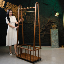 U Home | New Chinese solid wood clothes hat rack movable bedroom floor multifunctional hanging clothes hanger with dirty clothes basket