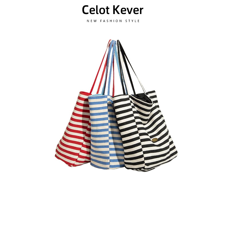 Striped Canvas Bag for Women 2025 New Versatile Large-Capacity Shoulder Bag Commuter Tote Bag Reversible