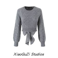 Xiaoguzi ເອີຣົບແລະອາເມລິກາ backless bow sexy pullover ແຂນຍາວ sweater ແອວສູງສີແຂງຄໍ slimming sweater ສໍາລັບແມ່ຍິງ