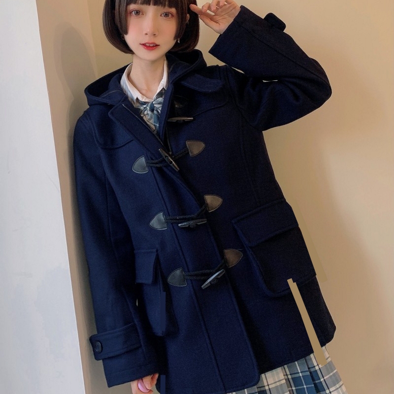 Hooded Jk Woolen Coat with Toggle Buttons, Thickened for Spring and Autumn, Preppy Style, Japanese Sweet Original C9099