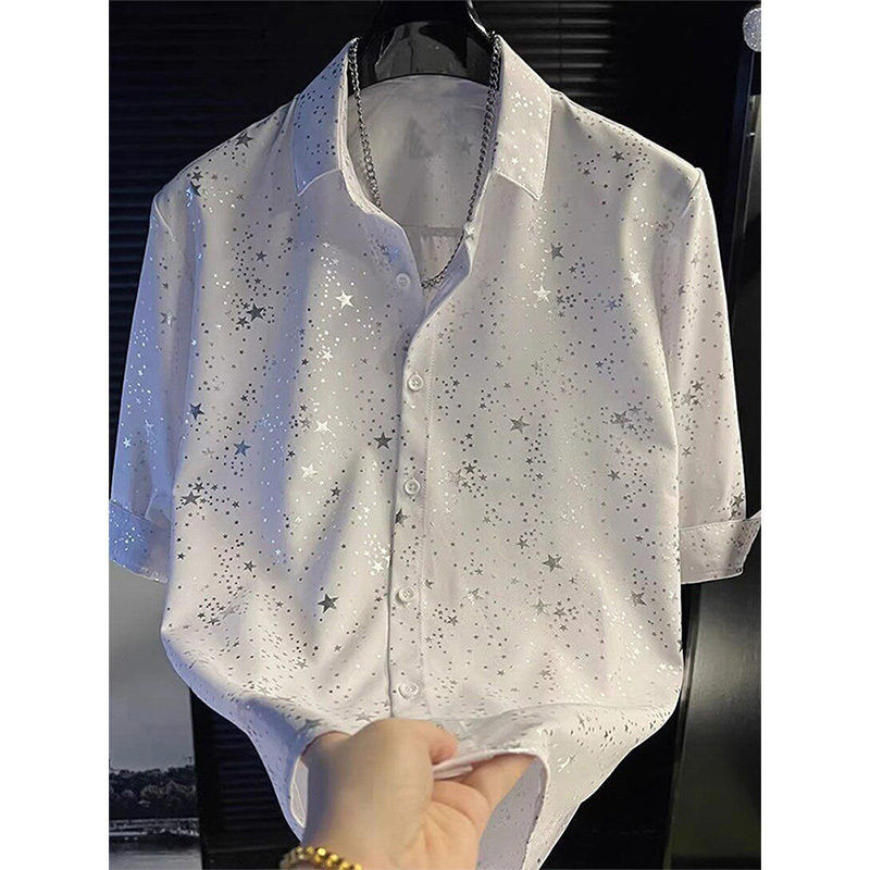 High-End Starry Sequin Short-Sleeved Shirt for Men, Summer Breathable Lapel Half-Sleeve Cardigan, Drapey Shirt, Trendy High-End Starry Sequin Short-Sleeved Shirt for Men, Summer Breathable Lapel Half-Sleeve Cardigan, Drapey Shirt, Trendy